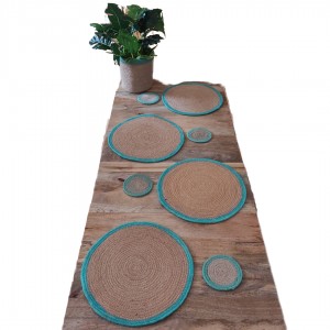 Conjunto de 4 manteles y posavasos de yute, acabado Turquesa