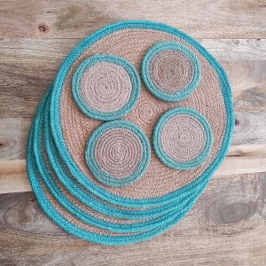 Conjunto de 4 manteles y posavasos de yute, acabado Turquesa