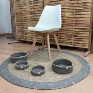 ¡Conjunto en promoción! Alfombra redonda de 120cm Gris plata + 4 Cestas